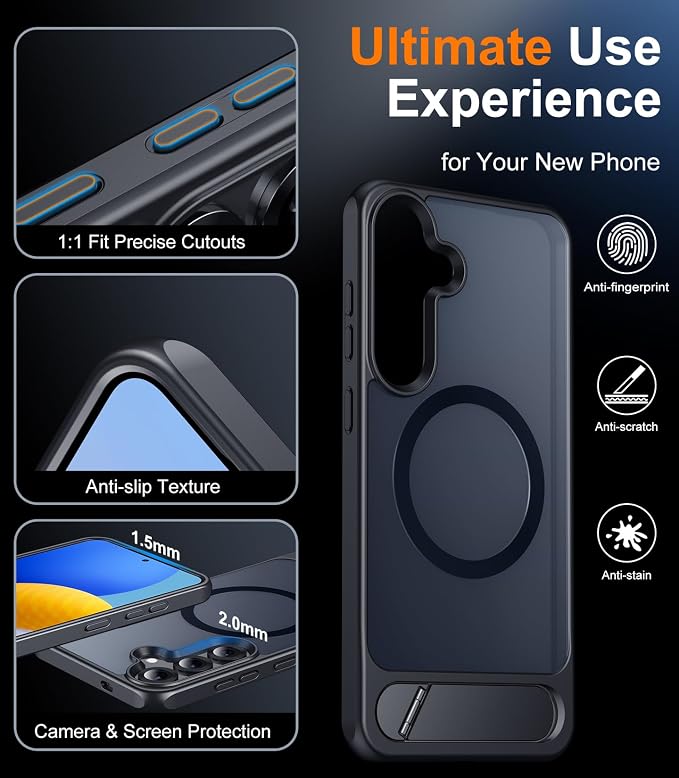 Magnetic for Samsung Galaxy S25 Case, [Innovate Stand][Military Grade Drop Protection][Non Slip][Translucent Matte] Shockproof Phone Case for Galaxy S25 6.2" 2025 -Black | Magnetic