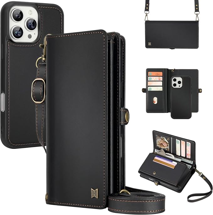 for Wallet Case Compatible with iPhone 14 Pro Max,Multi-Function Detachable 2 in 1 Magnetic iPhone 14 Pro Max Case Wallet,Flip Strap Zipper Card Holder Phone Case with Shoulder Straps (Black)