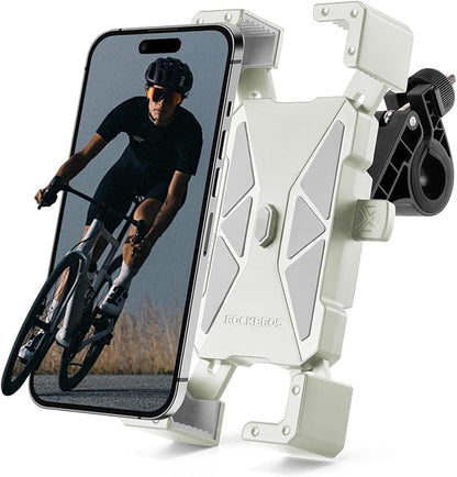 ROCKBROS Bike Phone Holder, Motorcycle Phone Mount, Anti-Shake Cell Phone Holder, 360° Adjustable for iPhone 16, 15 Pro Max/Plus, S9, S10 and More 4.7" to 7" Smartphones，White