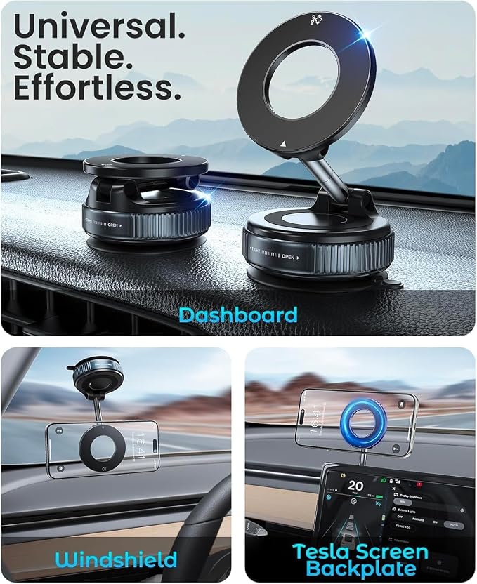 2026 Upgraded Vacuum Magnetic Car Phone Holder with 3 Rings 360° Ultra Suction Cup Phone Mount for MagSafe Cell Phone Holders for Your Car/Gym/Mirror Mount for iPhone & Android