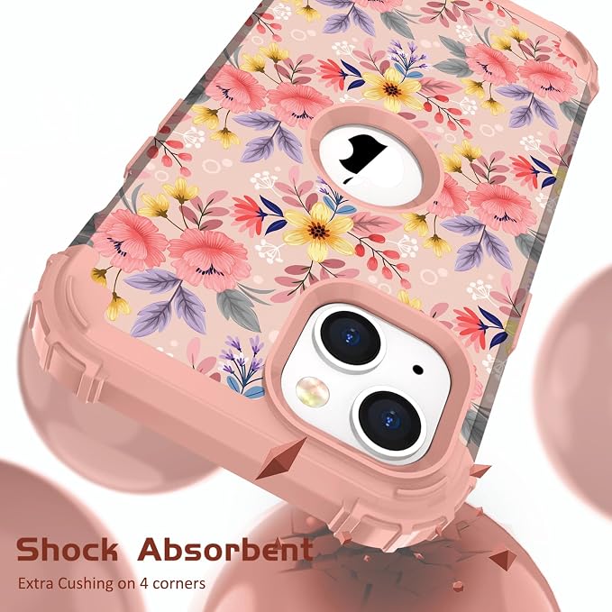 Hocase for iPhone 15 Case, Heavy Duty Shockproof Protection Soft Silicone Rubber Bumper+Hard Plastic Hybrid Protective Case for iPhone 15 (6.1" Display) 2023 - Cute Pink Yellow Flowers