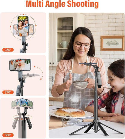 Selfie Stick Phone Tripod - 71 inch Tall Cell Phone Holder with Detachable Wireless Remote and 2 LED Lights for Recording, Video and Picture, Phone Stand for iPhone, Android, Camera & Gopro
