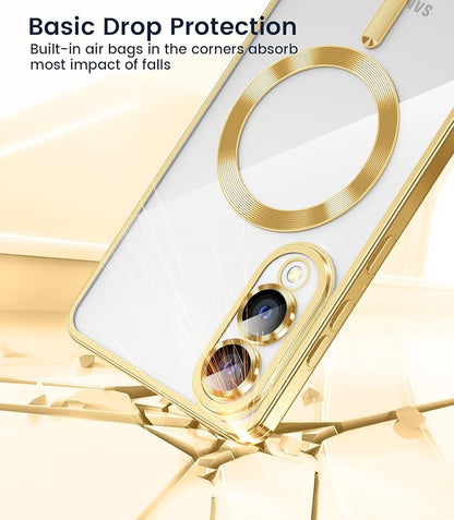 Slim Thin for Samsung Galaxy S25 Edge Case, Compatible with MagSafe, Built-in Camera Lens Protector, Shockproof Protective Phone Case, Soft Electroplated Clear Cover, Gold