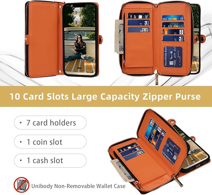 Rssviss Crossbody Case for iPhone 17 Pro Max Case Wallet, RFID Blocking Leather with Card Holder Kickstand, Handbag Zipper Flip Cover with Wrist Strap for iPhone 17 Pro Max Men Women 6.9", Orange
