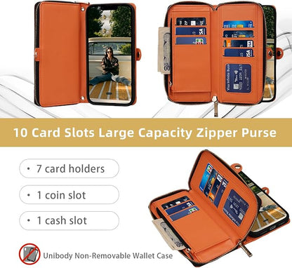 Rssviss Crossbody Case for iPhone 17 Pro Max Case Wallet, RFID Blocking Leather with Card Holder Kickstand, Handbag Zipper Flip Cover with Wrist Strap for iPhone 17 Pro Max Men Women 6.9", Orange