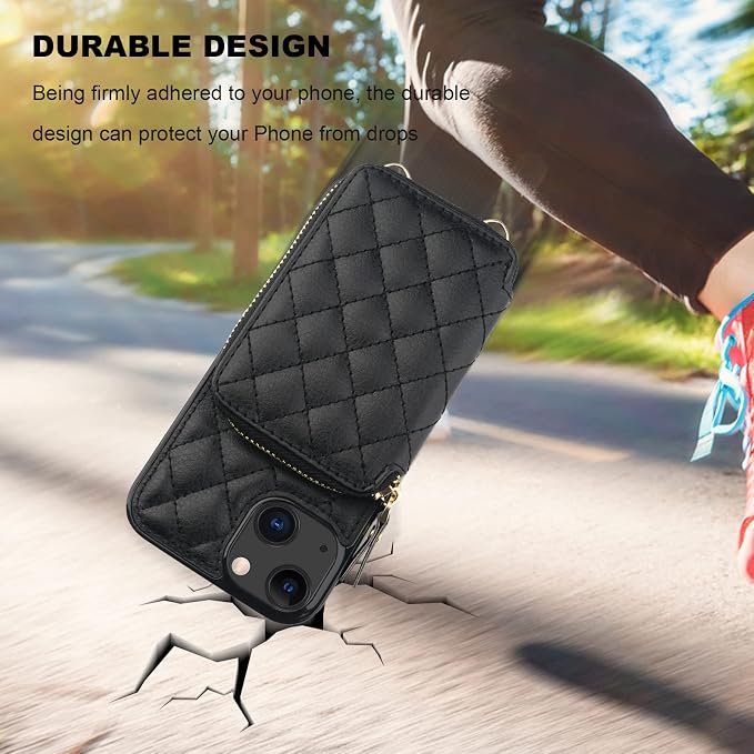 Bocasal Crossbody Wallet Case for iPhone 13, RFID Blocking PU Leather Zipper Handbag Purse Flip Cover, Kickstand Folio Case with Card Slots Holder Wrist Strap Lanyard 5G 6.1 Inch (Black)