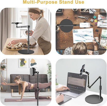 Heavy Duty Overhead Phone Mount for Desk, 17 in Long Arm iPhone Holder, 360° Swivel Stand for Video Recording, Filming, Live Streaming, Cooking, Painting, Crafting