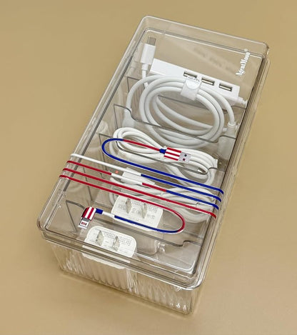 AgentMoon Clear Acrylic Cable Organizer Box with Lid, 6 Storage Slots,Color Lable Desktop Accessories Storage Box with 60 inches Cuttable Magic Lashing Straps (1PCS)