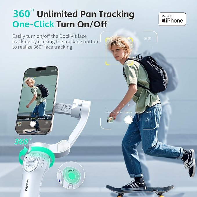 COMITOK Only for iPhone, MOGO [Apple MFi Certified] Gimbal Stabilizer for iPhone Stabilizer for Video Recording, Native Camera Control by Remote & Apple Watch, Background Mode Tracking in iOS26