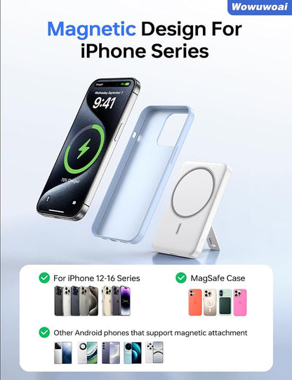 for Magsafe Portable Charger, 10000mAh Wireless Power Bank with Stand, USB C PD 20W Fast Charging Powerbank, Magnetic Battery Pack Compatible for iPhone 17/16/15/14/13/12 Series - White