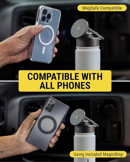 Scosche MFMS22 MagicMount Flask 22 oz Stainless Steel Water Bottle with MagSafe Phone Mount Stand, 12H Hot & 24H Cold Insulated Flask with Magnetic Phone Holder for Gym, Car, Travel, Sports 22oz Black