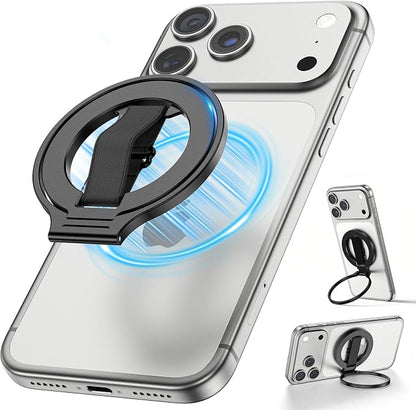 4-in-1 Magnetic Phone Grip Stand with Finger Strap Loop for Magsafe, [2025 Upgraded] Removable Phone Ring Holder for iPhone 17 Pro M ax/16/15/14/13/12 Series, White Elephant Gift For Men, Black