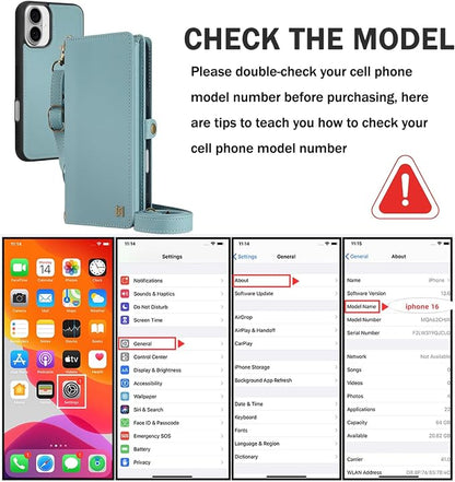 for Wallet Case Compatible with iPhone 16,Multi-Function Detachable 2 in 1 Magnetic iPhone 16 Case Wallet,Flip Strap Zipper Card Holder Phone Case with Shoulder Straps (Blue)