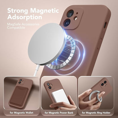 Magnetic for iPhone 12 Case, Compatible with MagSafe, [Full Camera Protection][Screen Protector] Silicone Shockproof Protective Phone Case for iPhone 12 6.1", Brown
