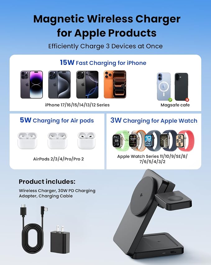 Magnetic Wireless Charging Station for Apple: Upgraded Qi2 Certified 15W 3-in-1 Magsafe Wireless Charger Stand, Foldable Travel Fast Charger for iPhone 17 16 15 14 13 12 Series, Apple Watch, AirPods