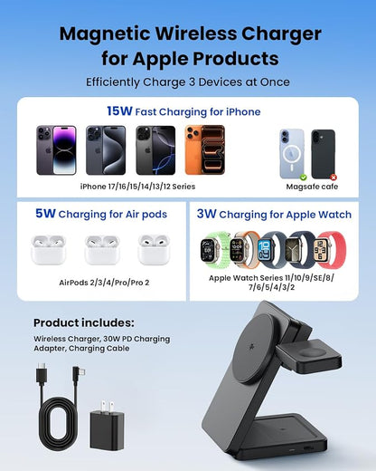 Magnetic Wireless Charging Station for Apple: Upgraded Qi2 Certified 15W 3-in-1 Magsafe Wireless Charger Stand, Foldable Travel Fast Charger for iPhone 17 16 15 14 13 12 Series, Apple Watch, AirPods