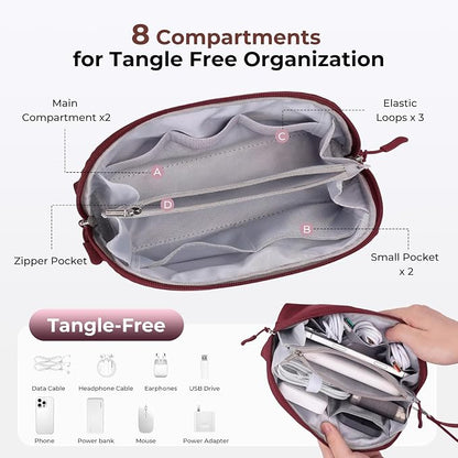FYY Travel Cable Organizer - 8 Compartments, Lightweight, Water Repellent | With Wrist Strap, Portable Tech Pouch for Cord Charger, Travel and Business Trips Use, Soft Shell Nylon, Wine Red (Small)