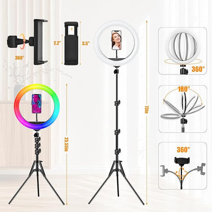 12.3" Ring Light with Stand & Phone Holder Tall 75", 51 Color Modes Circle Lights Selfie Ringlight with Tablet Holder, 12 Dimming Levels Christmas LED Halo Light Tripod for iPhone Video Recording/Vlog