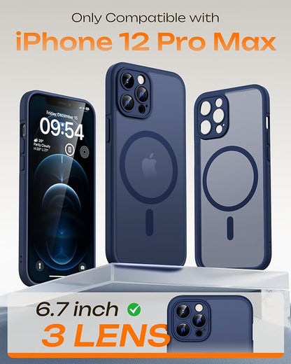 TOCOL Magnetic for iPhone 12 Pro Max Case, Upgraded Full Camera Protection, Compatible with Magsafe, Drop Protection, Translucent Matte Back Bumper Phone Cover 6.7-Inch（Dark Blue）