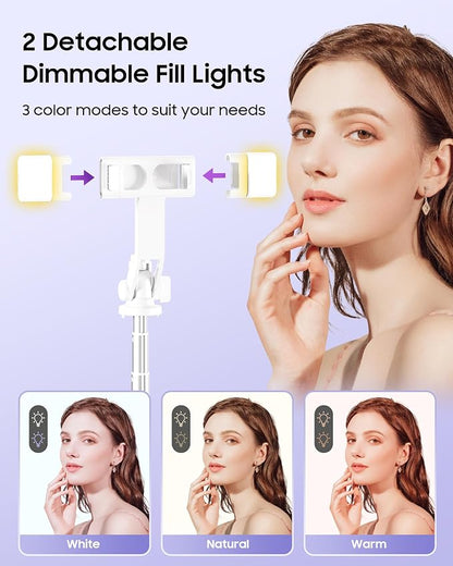 53'' Selfie Stick Tripod with Light, Enhanced 4-Leg Cell Phone Stand Camera Tripod with Rechargeable Wireless Remote & 2 Fill Light, Portable Selfie Stick Travel Essentials for iPhone Android