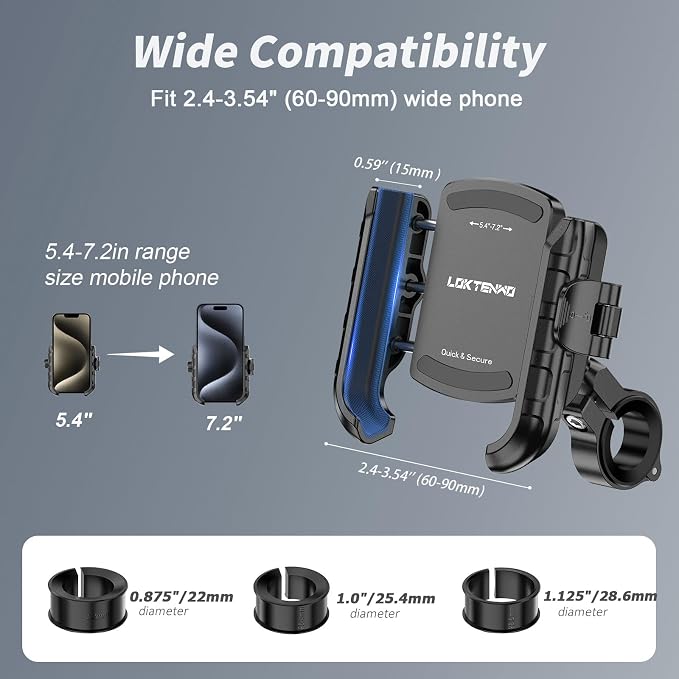 LOKTENWO Bike Motorcycle Phone Mount with Aluminum Alloy Mounting Base, [1s Lock & Release] [Camera Friendly] Bicycle Handlebar Cell Phone Holder for Scooter ATV, Fit 5.4-7.2" Smartphone