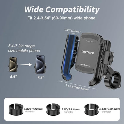 LOKTENWO Bike Motorcycle Phone Mount with Aluminum Alloy Mounting Base, [1s Lock & Release] [Camera Friendly] Bicycle Handlebar Cell Phone Holder for Scooter ATV, Fit 5.4-7.2" Smartphone