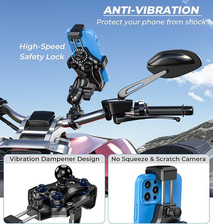 VAZESWIN Motorcycle Phone Mount [Vibration Dampener] [High-Speed Secure Lock] Anti-Shake Motorcycle Cellphone Holder, Bike Phone Mount with Short Arm for 0.5"-1.26" Handlebar, 4.7"-7.2" Smartphone