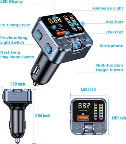 Bluetooth 5.3 Car Adapter with FM Transmitter & 42W PD Fast Charging, Wireless AUX/USB Music Receiver, Hands-Free Calls, Beat Sync LED Lights for Car Stereo, Compatible with All 12V-24V Vehicles