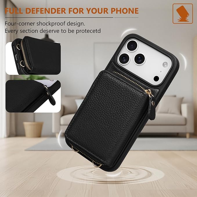 Keallce Wallet Case for iPhone 17 Pro Max 6.9 Inch, Genuine Leather Zipper Purse with Crossbody Strap, 4 Card Slots & RFID Blocking, Kickstand Flip Cover Shockproof for Women, Black