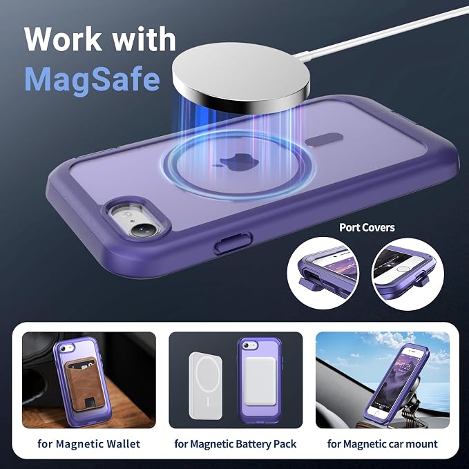 jaroco Magnetic for iPhone SE Case 3rd/2rd,iPhone 8/7 Case, [Compatible with MagSafe][Military Grade Drop Protection][Heavy Duty Protection][Non-Slip] 2-Layer Bumper Phone Case 4.7''-Dark Purple