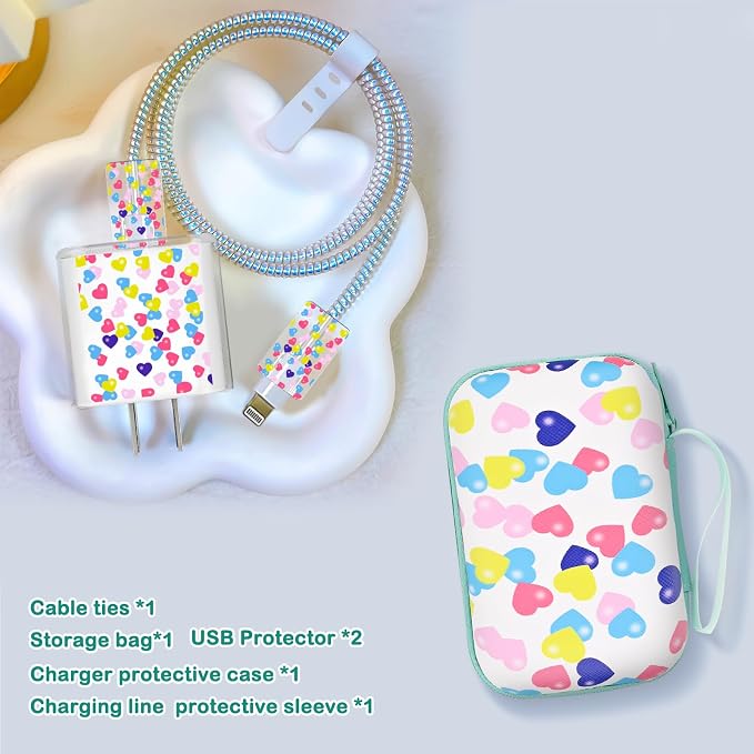 Phone Charger Case Storage Set with Cute Heart Cable Protector with Carrying Cable Case Bag,Cord Organizer, USB Earphone Wire Saver Organizer Charger Protector for iPhone (Colourful Heart)