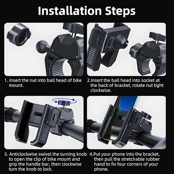 Bike Phone Mount Holder, Motorcycle Phone Mount Handlebar Clamp One-Hand Release & Quick Lock - 360 Degree Rotation Compatible with iPhone & Android Smartphones from 4.5"-7",Black 89001A