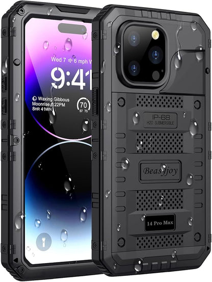Beasyjoy for iPhone 14 Pro Max Waterproof Case, Metal Heavy Duty Case with Built-in Screen Protector, Full Body Protective Military Grade Shockproof Dustproof Defender Rugged Case 6.7 Inch, Black