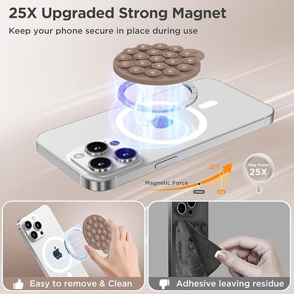 Magnetic Suction Cup Phone Mount with MagSafe, Silicone Hands-Free Grip Holder for iPhone Case and Android, Mirror Shower Phone Stand for Makeup FaceTime Gym Kitchen Bathroom, Light Brown
