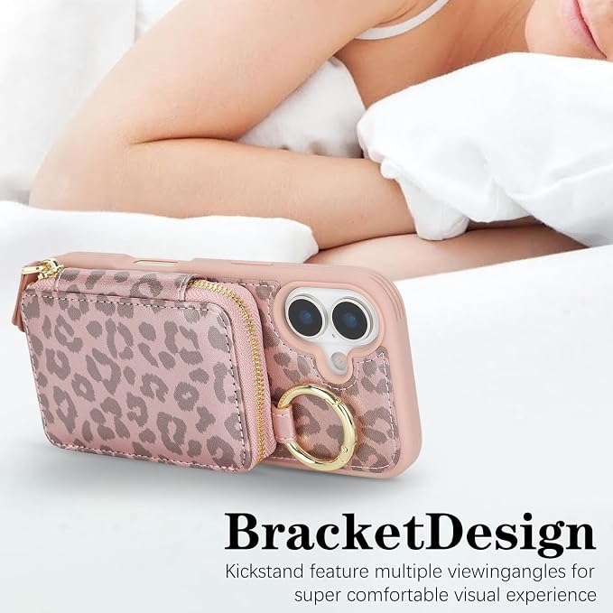 Crossbody Wallet Case for iPhone 17, PU Leather Zipper Handbag Purse Flip Cover, Kickstand Folio Case with Card Slots Holder Wrist Strap Lanyard 5G 6.3 Inch-Pink Leopard
