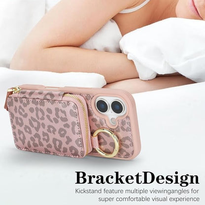 Crossbody Wallet Case for iPhone 17, PU Leather Zipper Handbag Purse Flip Cover, Kickstand Folio Case with Card Slots Holder Wrist Strap Lanyard 5G 6.3 Inch-Pink Leopard