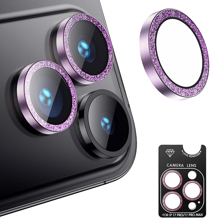 AFARER Camera Lens Protector for iPhone 17Pro/ 17 Pro Max,[Strong Adsorption][Does not Affect Night Shots] Individual 9H Tempered Glass, Bling Metal Ring,HD Clear & Case Friendly,Purple