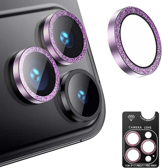 AFARER Camera Lens Protector for iPhone 17Pro/ 17 Pro Max,[Strong Adsorption][Does not Affect Night Shots] Individual 9H Tempered Glass, Bling Metal Ring,HD Clear & Case Friendly,Purple