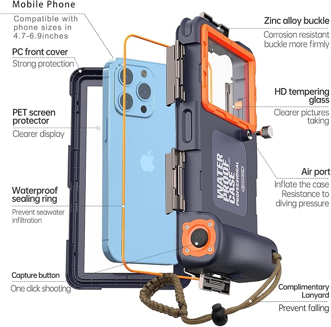 Underwater Phone Case for Snorkeling Diving 50ft/15m Waterproof Scuba Photo&Video Housing for iPhone17/16/15/14/13/12/11/Xr/X/Xs(Pro Max/Plus/Pro/Air) Samsung Galaxy S25/S24/S23-S21 Ultra Blue-Orange