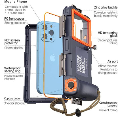 Underwater Phone Case for Snorkeling Diving 50ft/15m Waterproof Scuba Photo&Video Housing for iPhone17/16/15/14/13/12/11/Xr/X/Xs(Pro Max/Plus/Pro/Air) Samsung Galaxy S25/S24/S23-S21 Ultra Blue-Orange