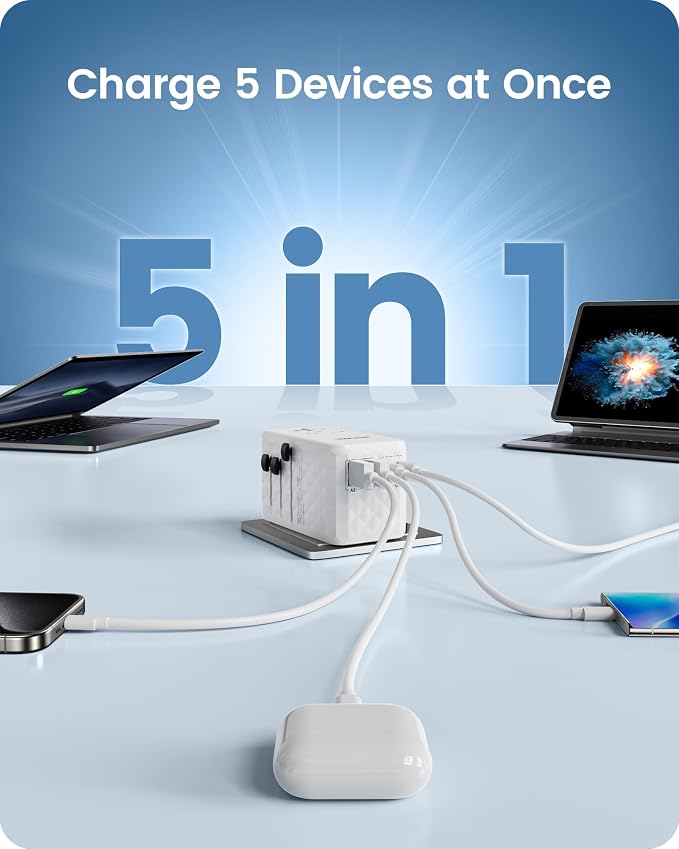 LENCENT 100W International Travel Adapter, Universal Travel Adapter | with 2 USB-A & 2 Type C Power Adapter, Fast Charging for Phone,Laptops, All-in-One Outlet Adapter for USA/UK/EU/AUS, White