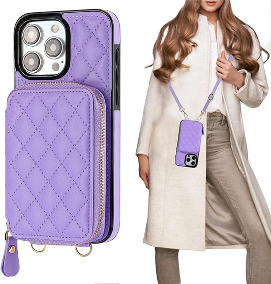 Bocasal Crossbody Wallet Case for iPhone 15 Pro Max, RFID Blocking PU Leather Zipper Handbag Purse Flip Cover, Kickstand Folio Case with Card Slots Holder Wrist Strap Lanyard 5G 6.7 Inch (Purple)