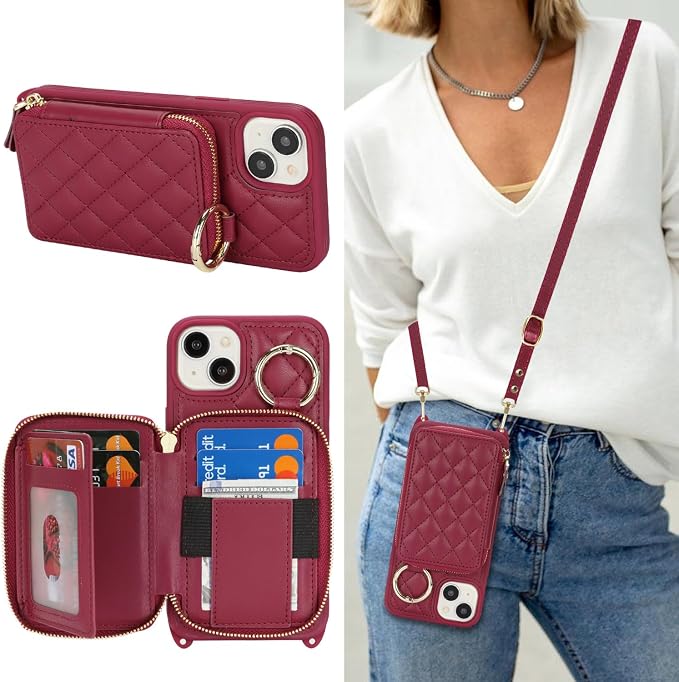 Crossbody Wallet Case for iPhone 14 Plus, PU Leather Zipper Handbag Purse Flip Cover, Kickstand Folio Case with Card Slots Holder Wrist Strap Lanyard 5G 6.7 Inch-Dark red