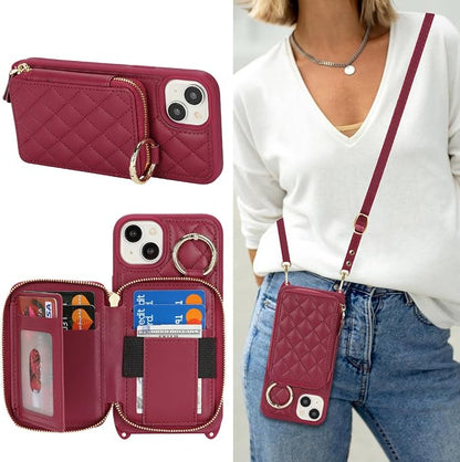 Crossbody Wallet Case for iPhone 14 Plus, PU Leather Zipper Handbag Purse Flip Cover, Kickstand Folio Case with Card Slots Holder Wrist Strap Lanyard 5G 6.7 Inch-Dark red