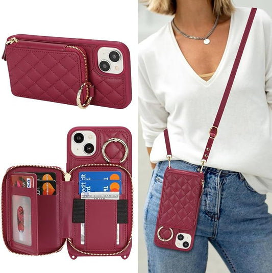 Crossbody Wallet Case for iPhone 14 Plus, PU Leather Zipper Handbag Purse Flip Cover, Kickstand Folio Case with Card Slots Holder Wrist Strap Lanyard 5G 6.7 Inch-Dark red