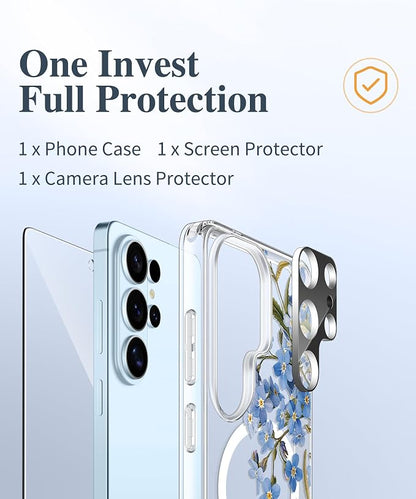 GVIEWIN for Samsung Galaxy S26 Ultra Case Compatible with MagSafe, Clear Floral Shockproof Protective Women Phone Case, Non-Yellowing, Screen & Camera Lens Protector for S26 Ultra 6.9", Aconite/Blue