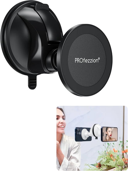 PROfezzion Multi-Surface Suction Mount Detachable Magnetic Phone Holder for Mirror Shower Bathroom Kitchen Window Videos Compatible with MagSafe iPhone 17 16 15 14 13 12 Pro Max & All Phones - Black