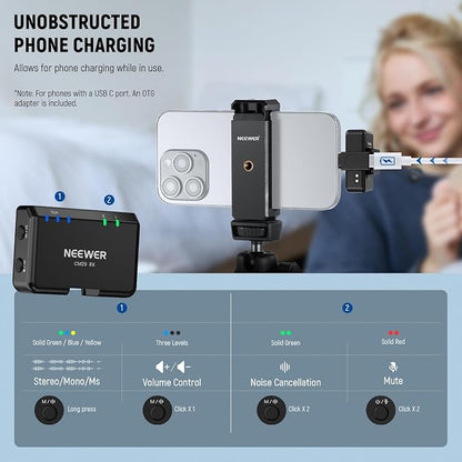 NEEWER CM29 Mini Wireless Microphone, 48KHz/24Bit Noise Cancelling Clip On Lav Mic, 25H Battery, 150m Range, Compatible with iPhone iPad Android DJI Insta360 Camera PC Mac (1RX+2TX+Charging Case)