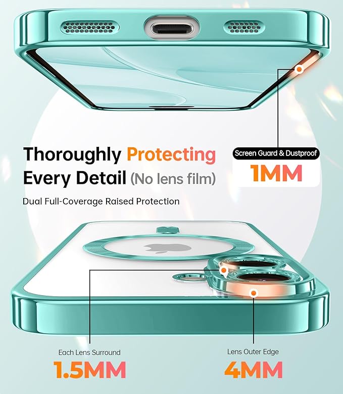 Meifigno Magnetic Case with Removable Phone Ring Stand for iPhone 16 Plus, [Glitter Card & Wrist Strap] [MagSafe Compatible] [Built in Mirror] Magnetic Phone Ring Holder + 16 Plus Case Kit, Teal
