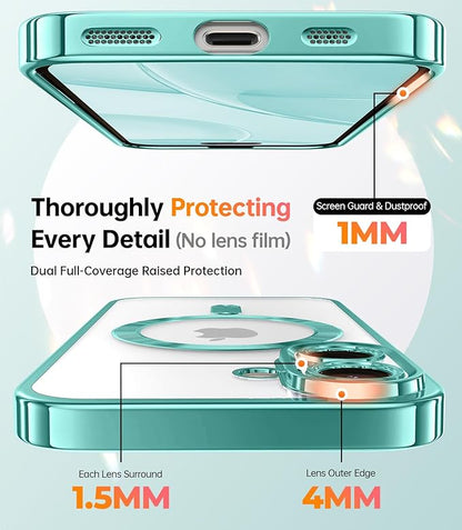 Meifigno Magnetic Case with Removable Phone Ring Stand for iPhone 16 Plus, [Glitter Card & Wrist Strap] [MagSafe Compatible] [Built in Mirror] Magnetic Phone Ring Holder + 16 Plus Case Kit, Teal